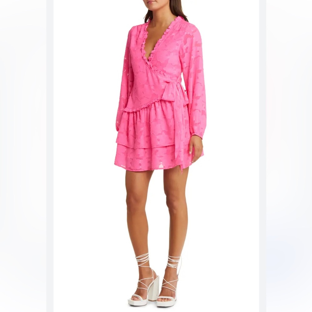 ASOS Design Vibrant Pink Long Sleeve Jacquard Wrap mini Dress Size 12